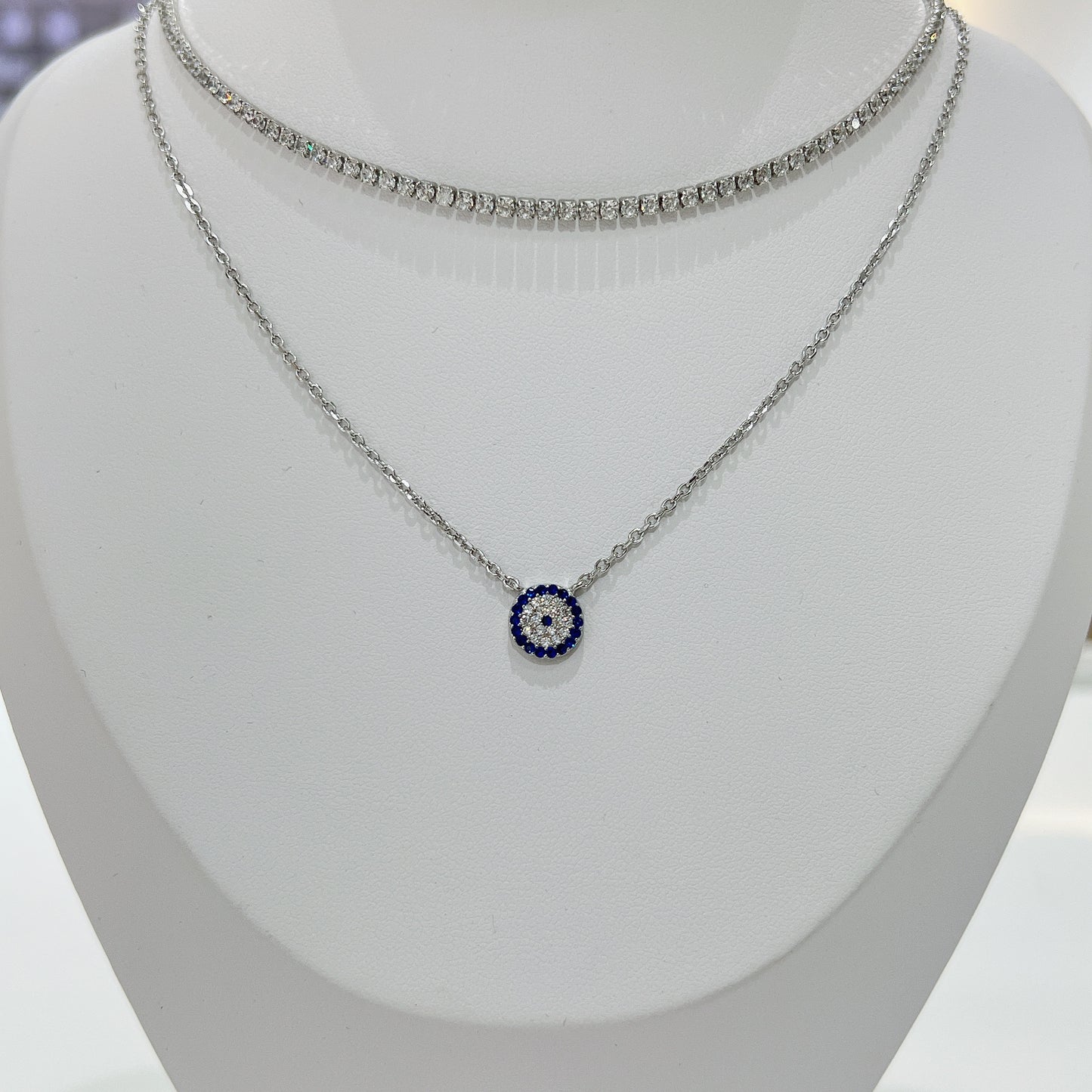 Sapphire and white zircon 9mm round shape evil eye silver 925 necklace