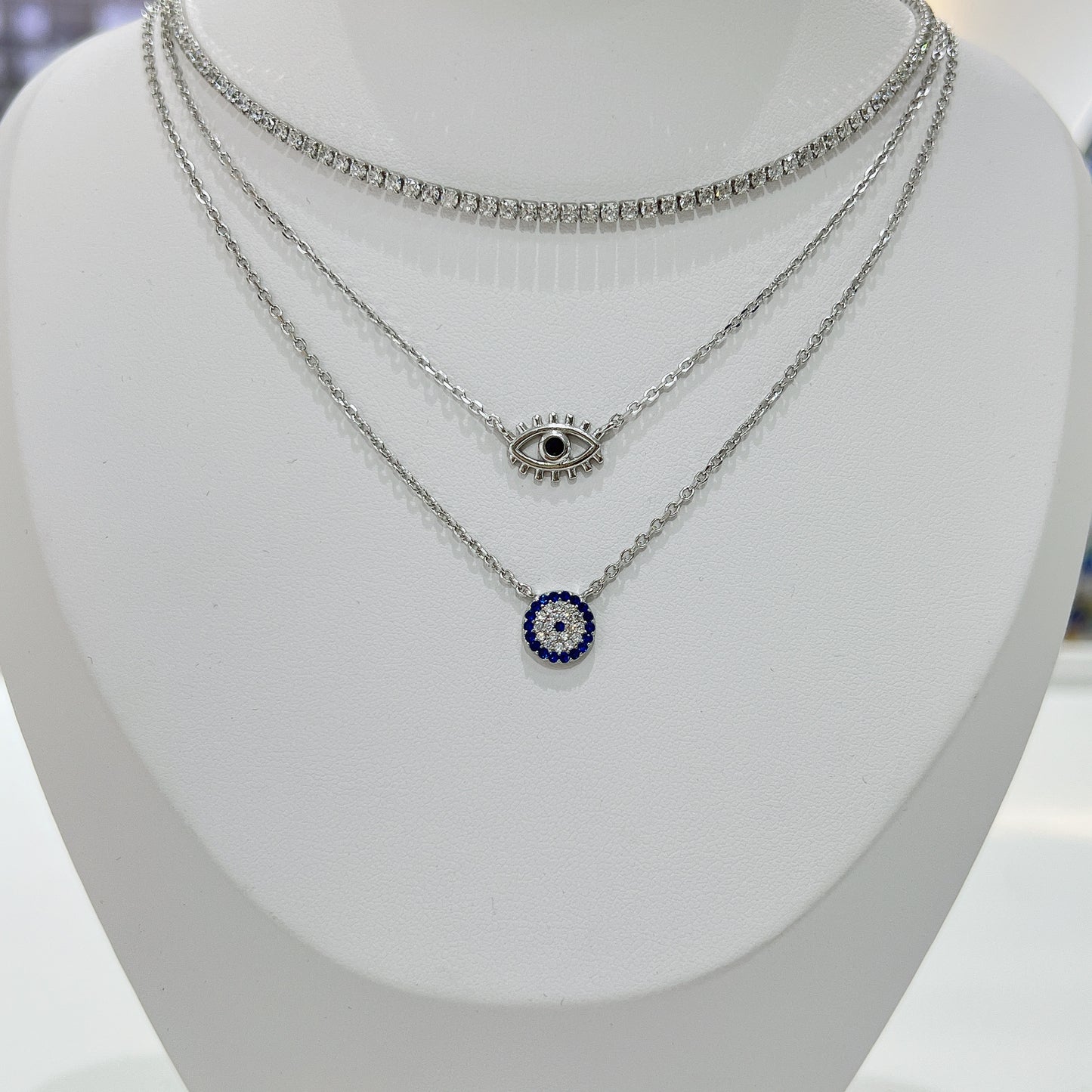 Sapphire and white zircon 9mm round shape evil eye silver 925 necklace