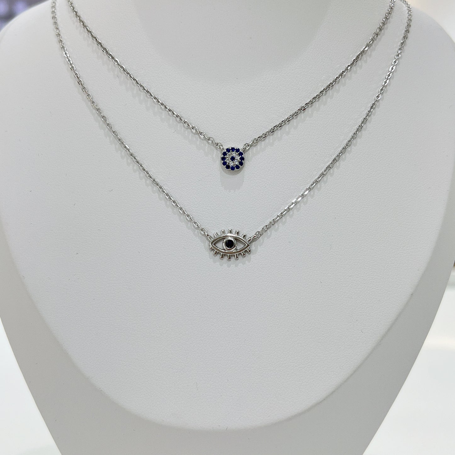 Sapphire and white zircon 8mm round shape evil eye silver 925 necklace