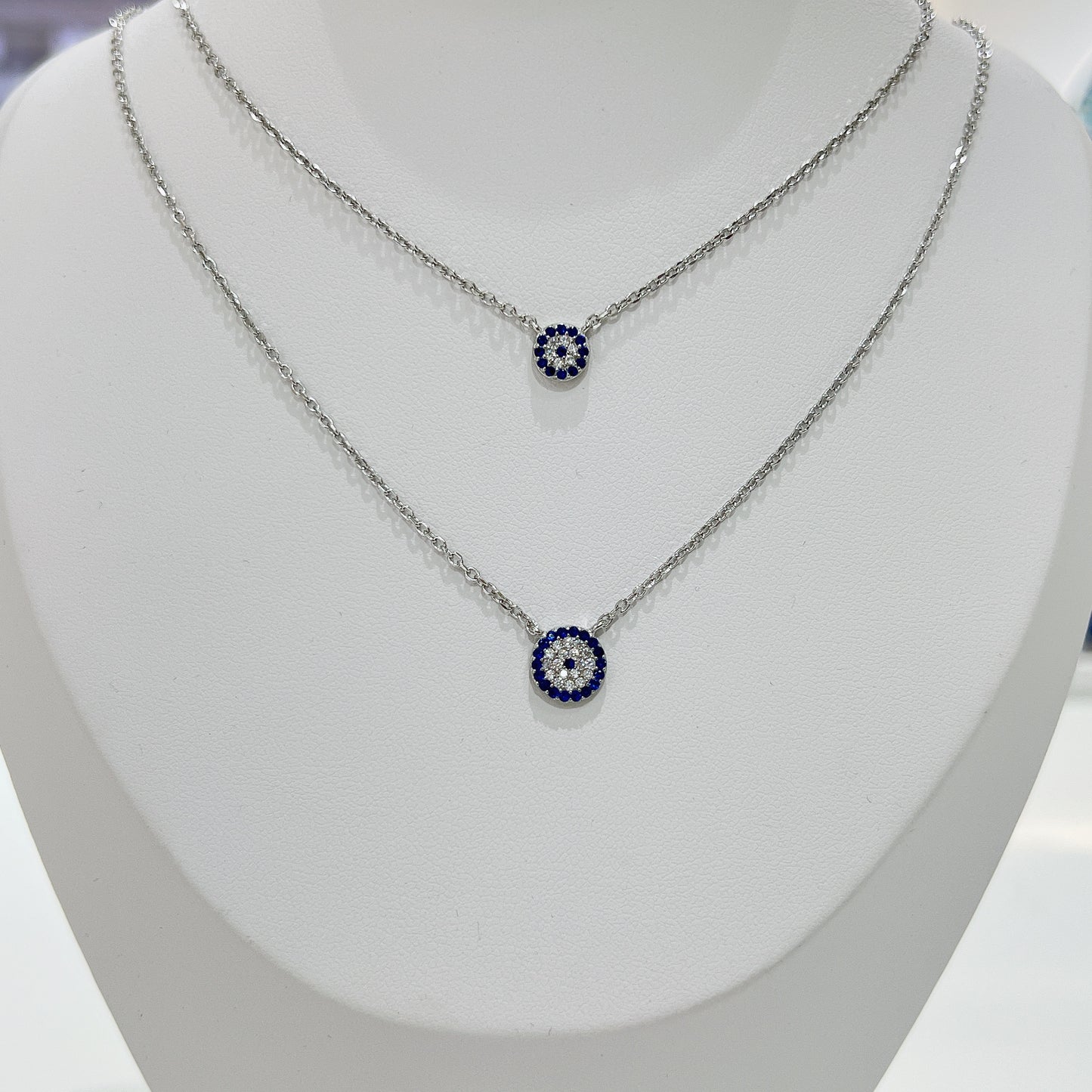 Sapphire and white zircon 8mm round shape evil eye silver 925 necklace