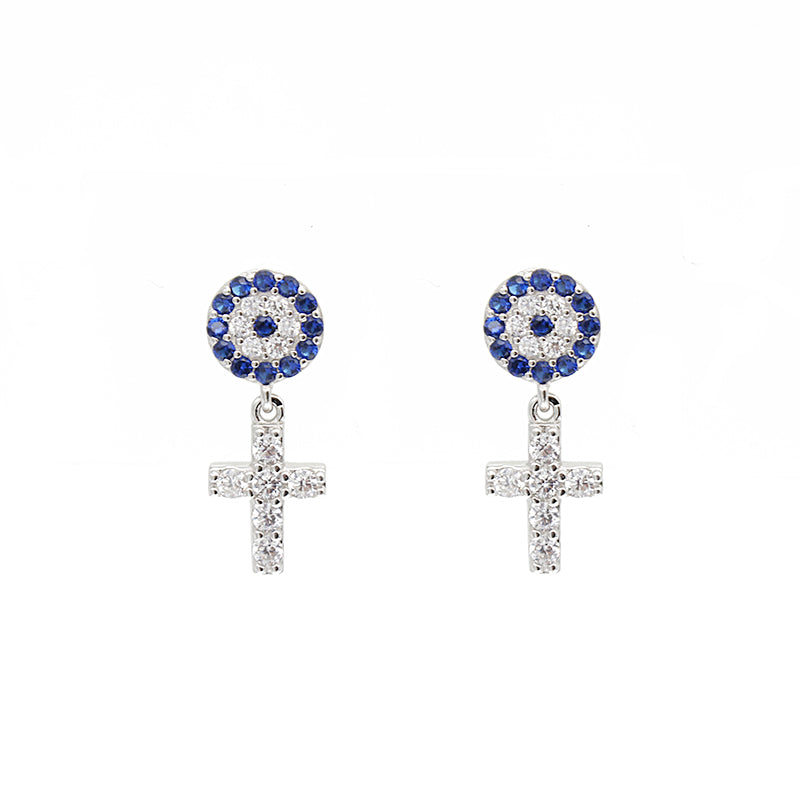 Sapphire and white zircon round evil eye cross silver 925 earrings