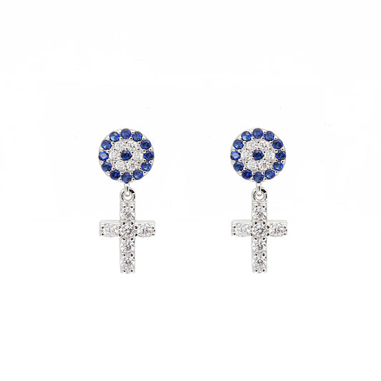 Sapphire and white zircon round evil eye cross silver 925 earrings