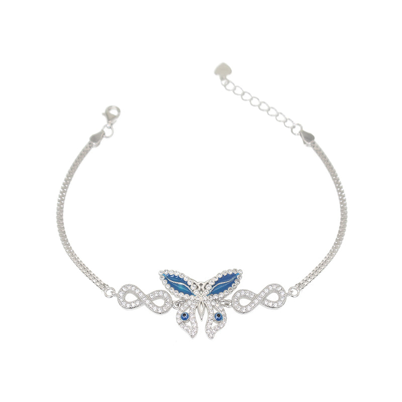 White zircon dark blue enamel butterfly silver 925 jewelry double box chain bracelet