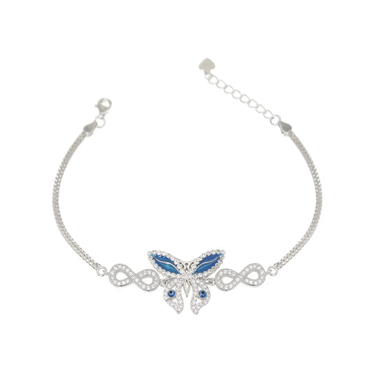 White zircon dark blue enamel butterfly silver 925 jewelry double box chain bracelet