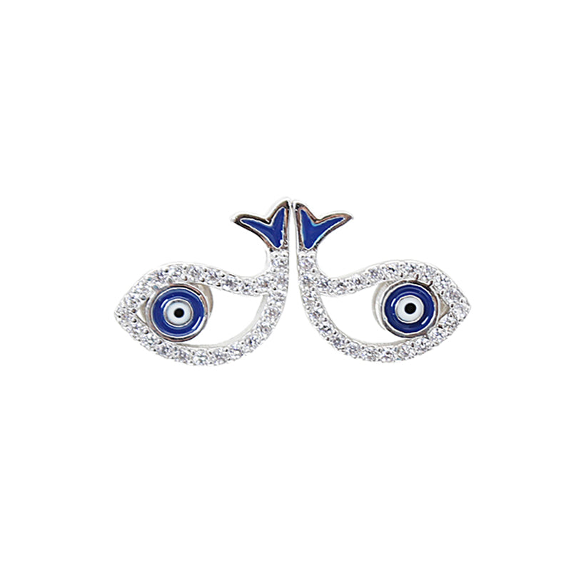 White zircon dark blue enamel fish silver 925 jewelry earrings