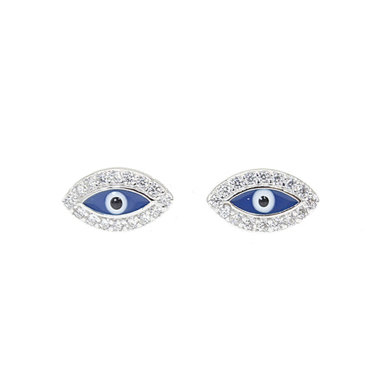 Dark blue enamel white zircon marquise evil eye silver 925 earrings