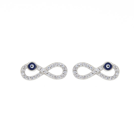 Dark blue enamel white zircon infinity evil eye silver 925 earrings