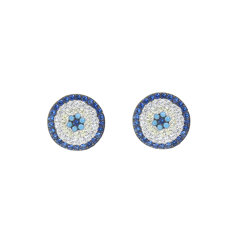 Sapphire yellow turquoise and white zircon round evil eye silver 925 earrings