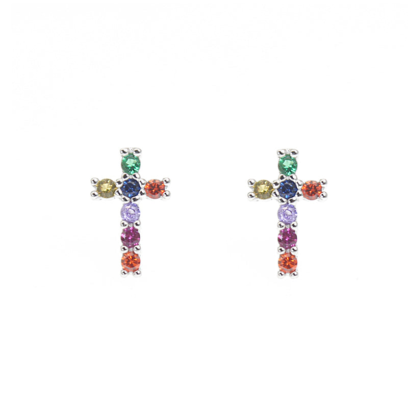 Rainbow multicolor stones cross shape religion silver 925 earrings