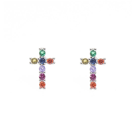 Rainbow multicolor stones cross shape religion silver 925 earrings