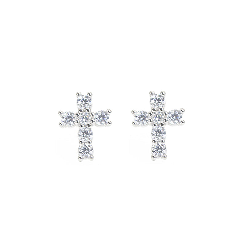 White zircon cross shaped religion silver 925 jewelry earrings