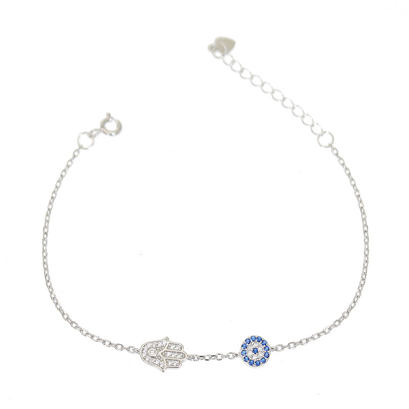 Sapphire and white zircon hamsa hand with round evil eye silver 925 jewelry bracelet