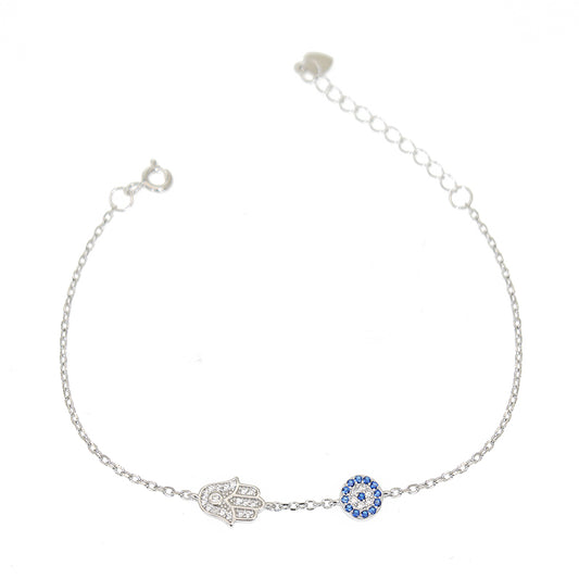 Sapphire and white zircon hamsa hand with round evil eye silver 925 jewelry bracelet