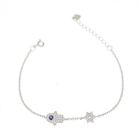 White zircon dark blue enamel hamsa hand shaped evil eye and david star silver 925 jewelry bracelet