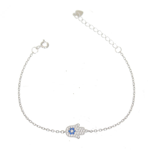 Sapphire and white zircon hamsa hand shaped evil eye silver 925 jewelry bracelet