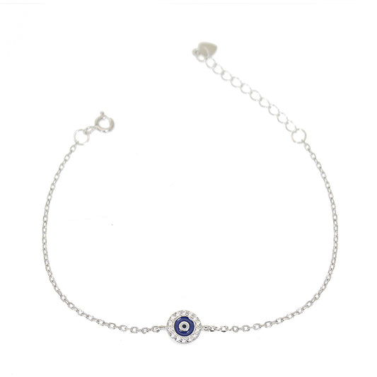 Dark blue enamel white zircon round shaped evil eye silver 925 jewelry bracelet