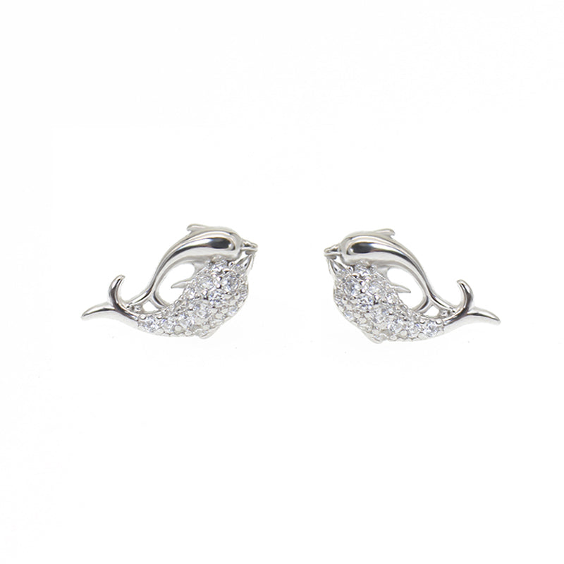 White zircon dolphin shaped silver 925 jewelry earrings