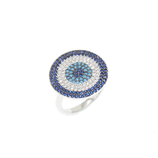 Multicolored zircon round evil eye silver 925 ring