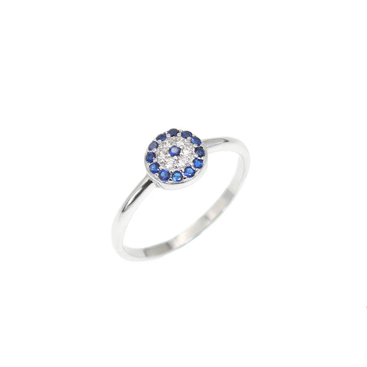 Sapphire and white zircon round shape evil eye silver 925 ring