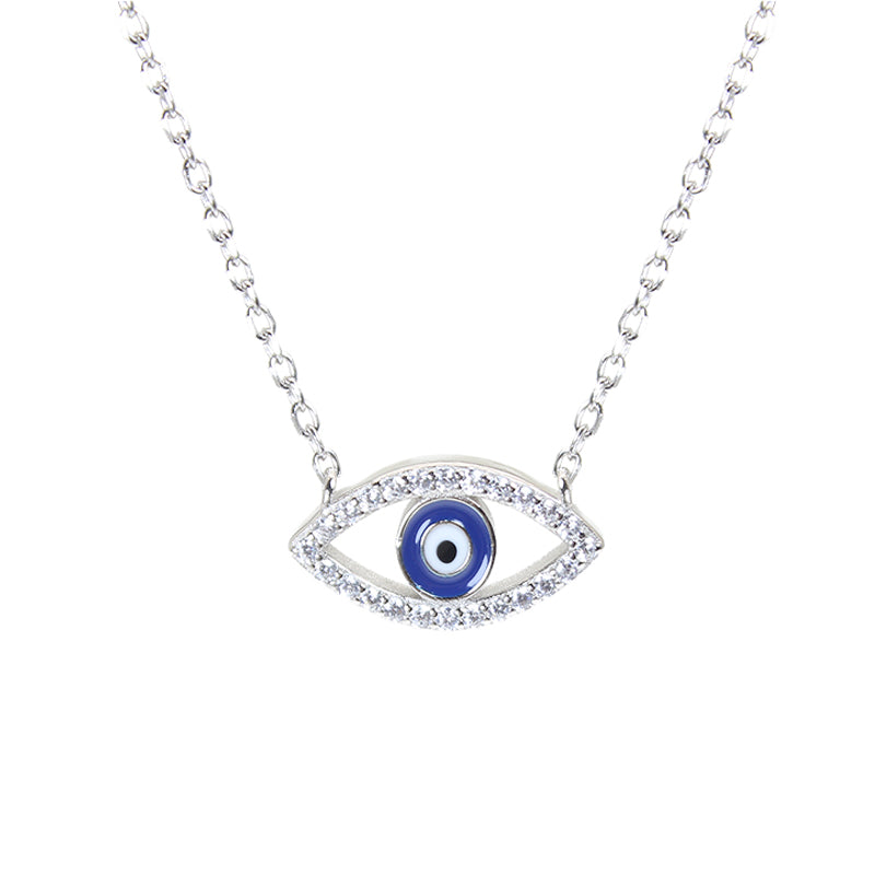 White zircon dark blue enamel marquise evil eye silver 925 necklace