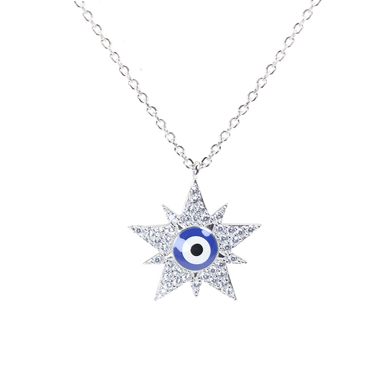 White zircon dark blue enamel star shape evil eye silver 925 necklace