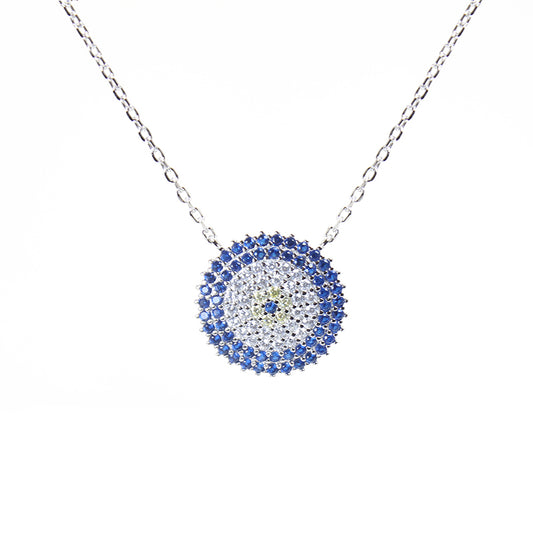 Sapphire yellow and white zircon round shape evil eye silver 925 necklace