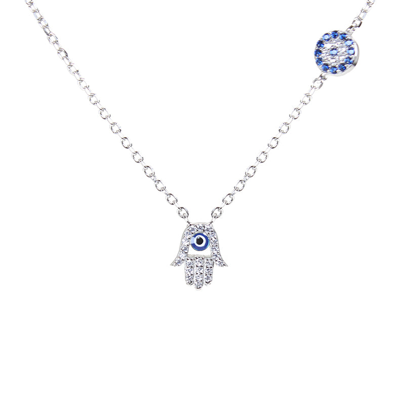 Sapphire and white zircon dark blue enamel hamsa hand with round evil eye silver 925 necklace