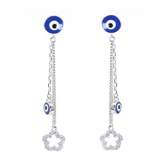 Dark blue enamel white zircon  evil eye silver 925 earrings