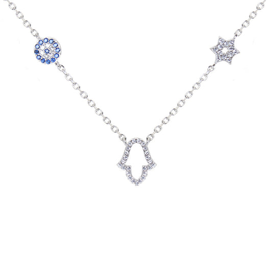 Sapphire and white zircon hamsa round evil eye and david star silver 925 necklace