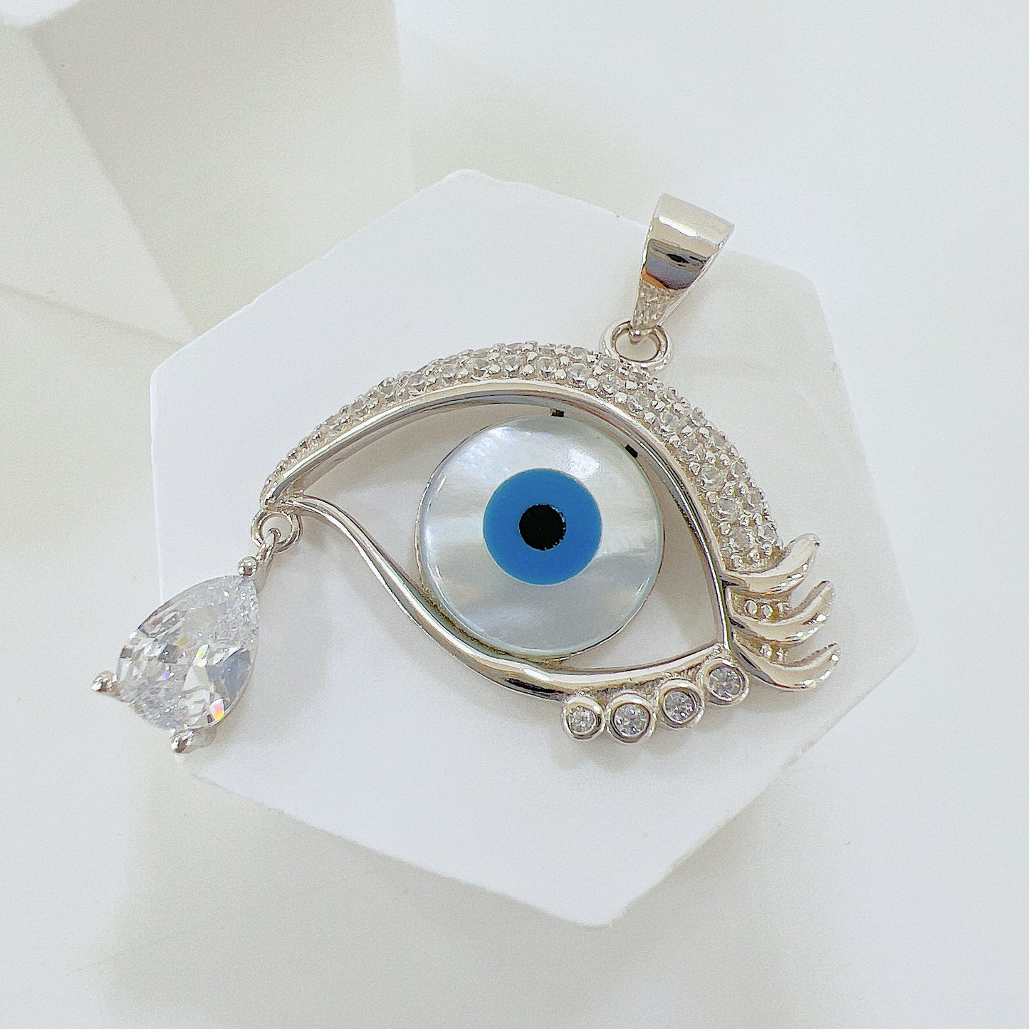 White shell evil eye with tear drop silver 925 jewelry pendant