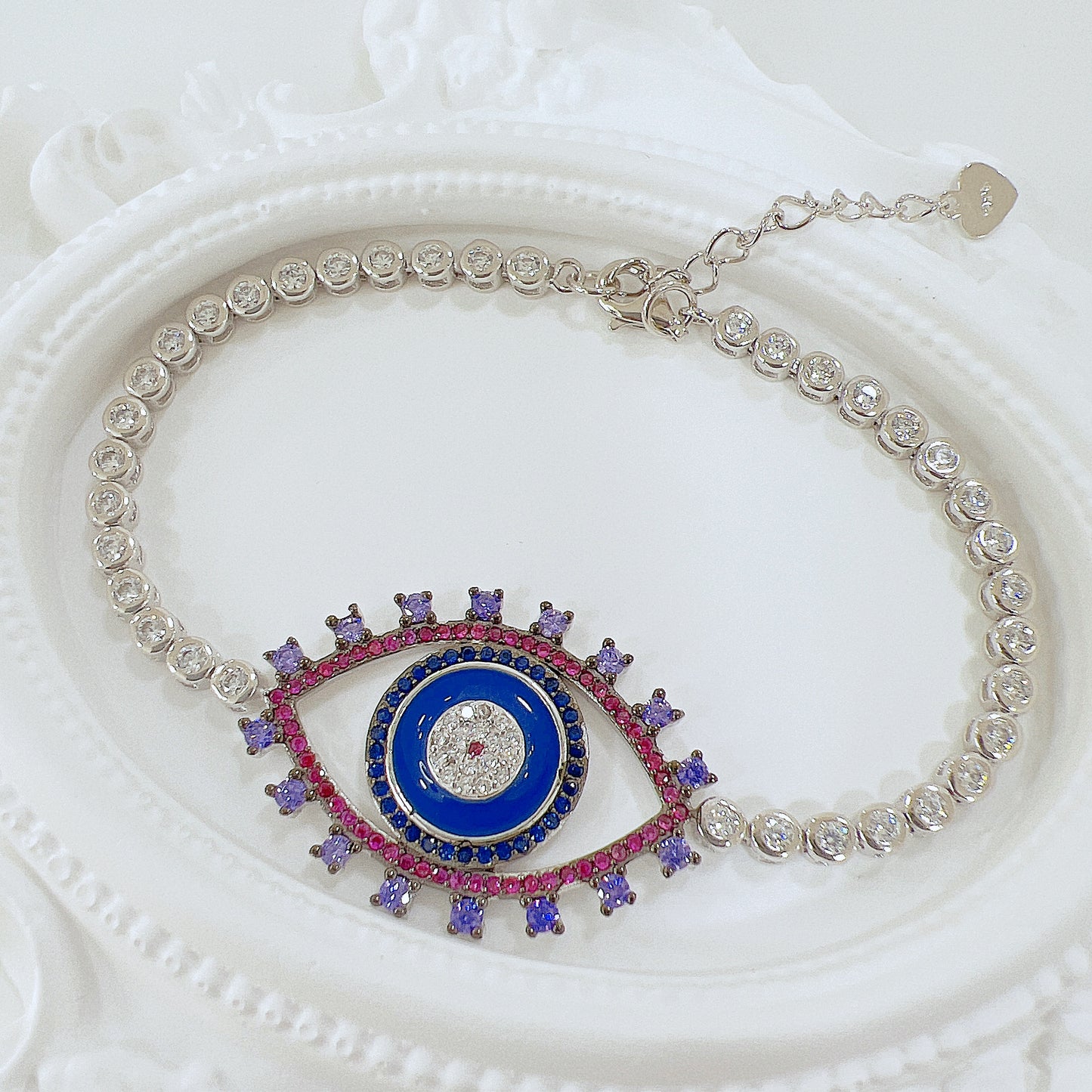 Multicolor dark blue enamel evil eye silver 925 jewelry tennis bracelet