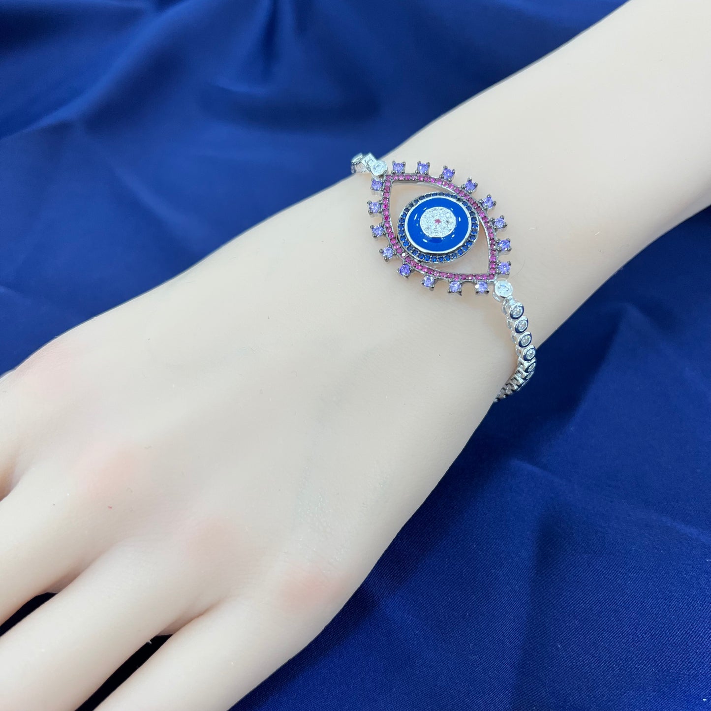 Multicolor dark blue enamel evil eye silver 925 jewelry tennis bracelet