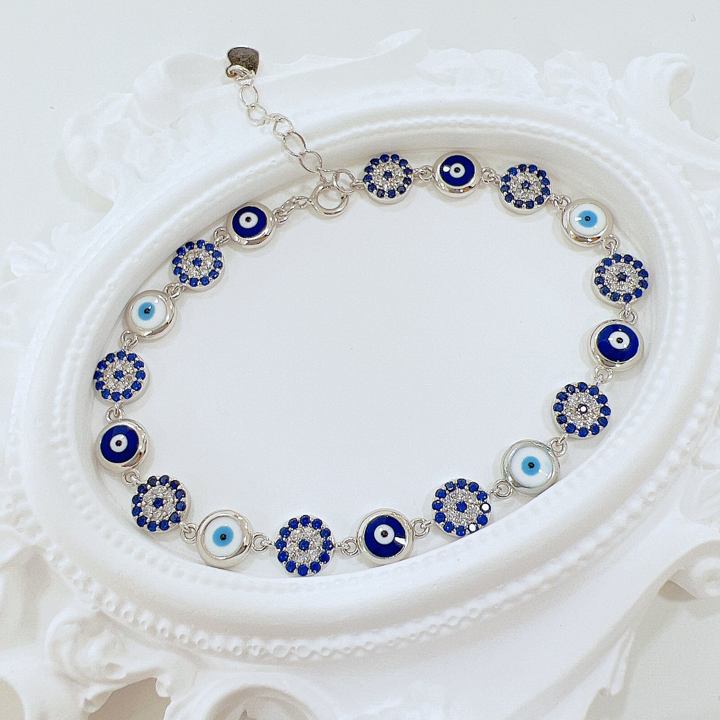 Sapphire and white zircon white dark blue enamel round shaped evil eye silver 925 jewelry bracelet