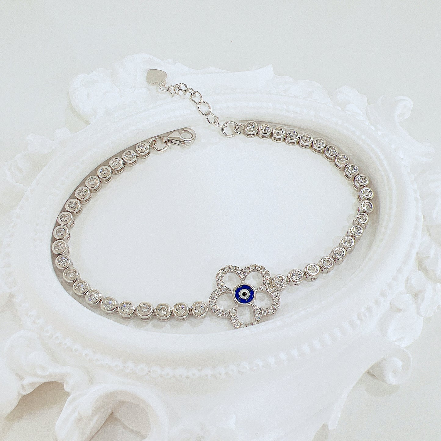 White zircon dark blue enamel flower evil eye silver 925 jewelry tennis bracelet