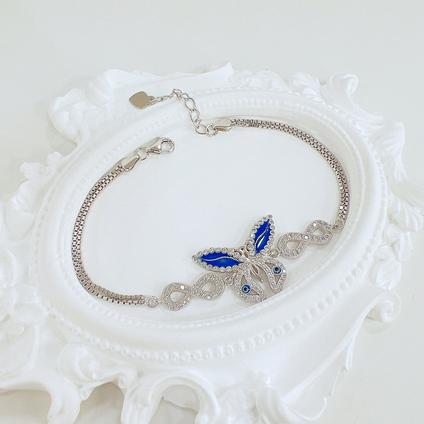 White zircon dark blue enamel butterfly silver 925 jewelry double box chain bracelet