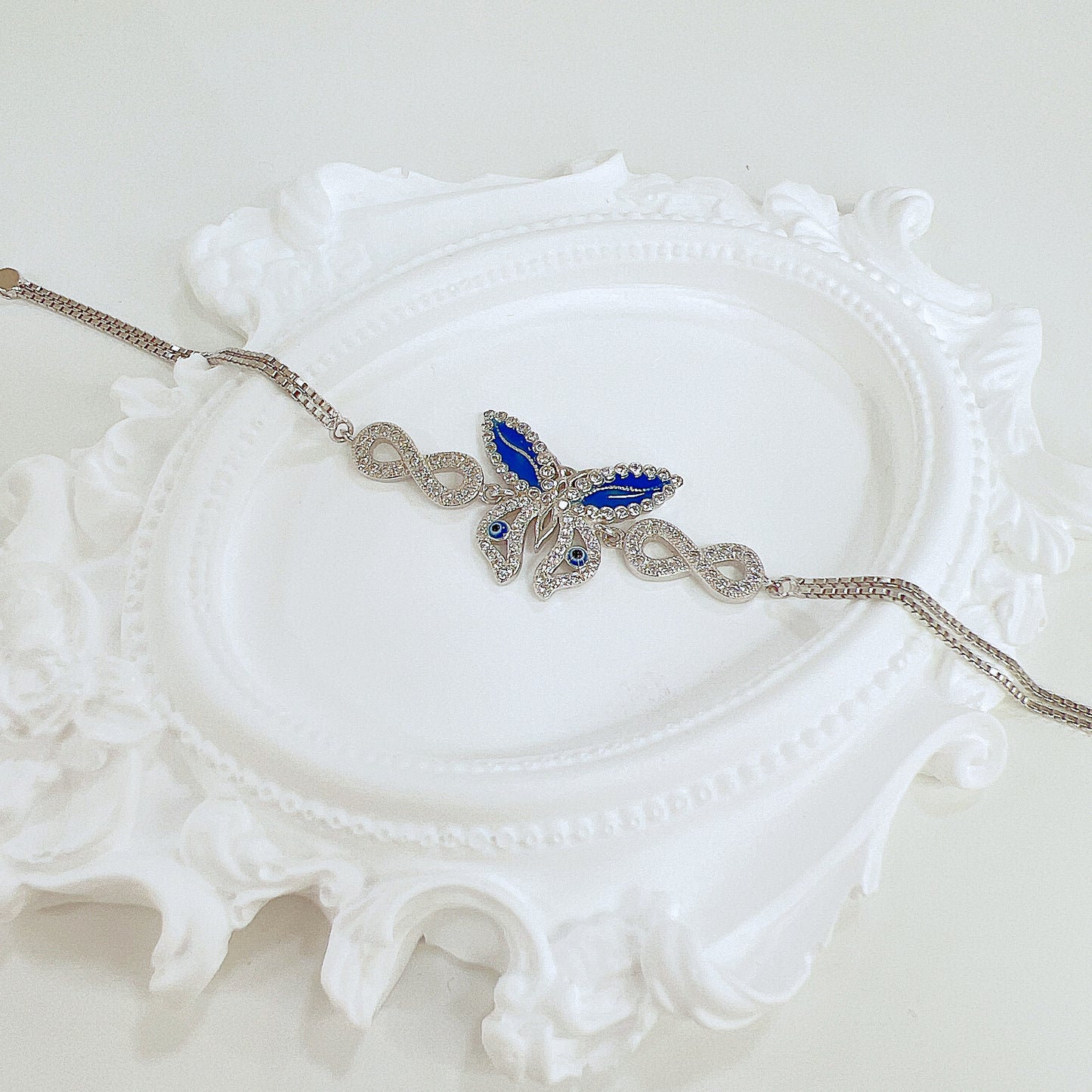 White zircon dark blue enamel butterfly silver 925 jewelry double box chain bracelet