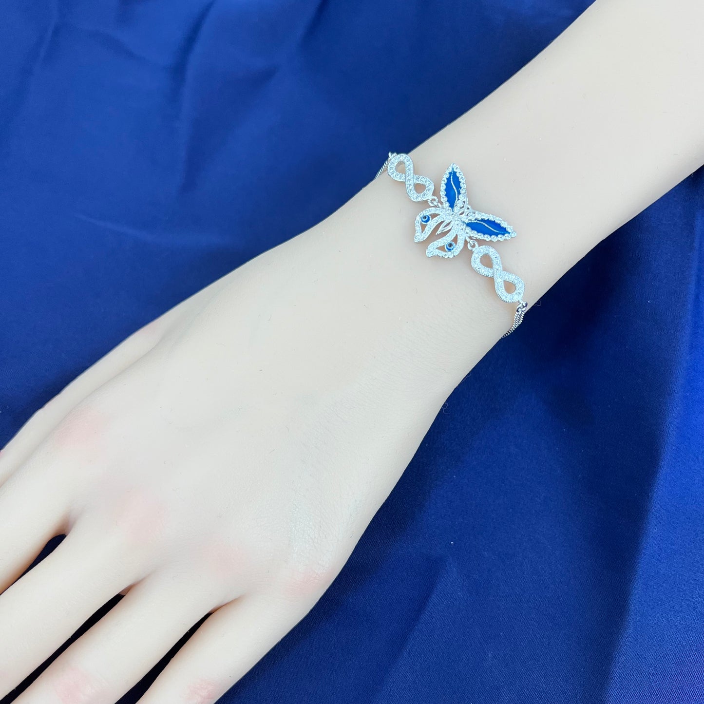 White zircon dark blue enamel butterfly silver 925 jewelry double box chain bracelet