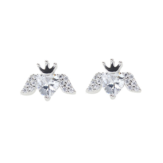 White zircon heart with wings and crown silver 925 jewelry earrings