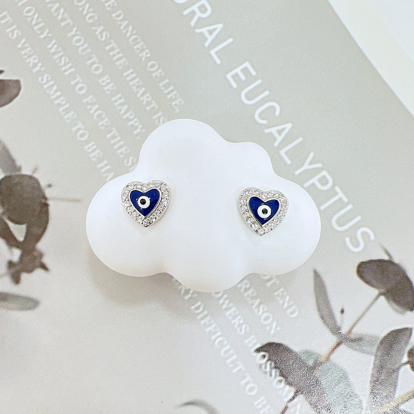 White zircon dark blue enamel heart shaped silver 925 jewelry earrings