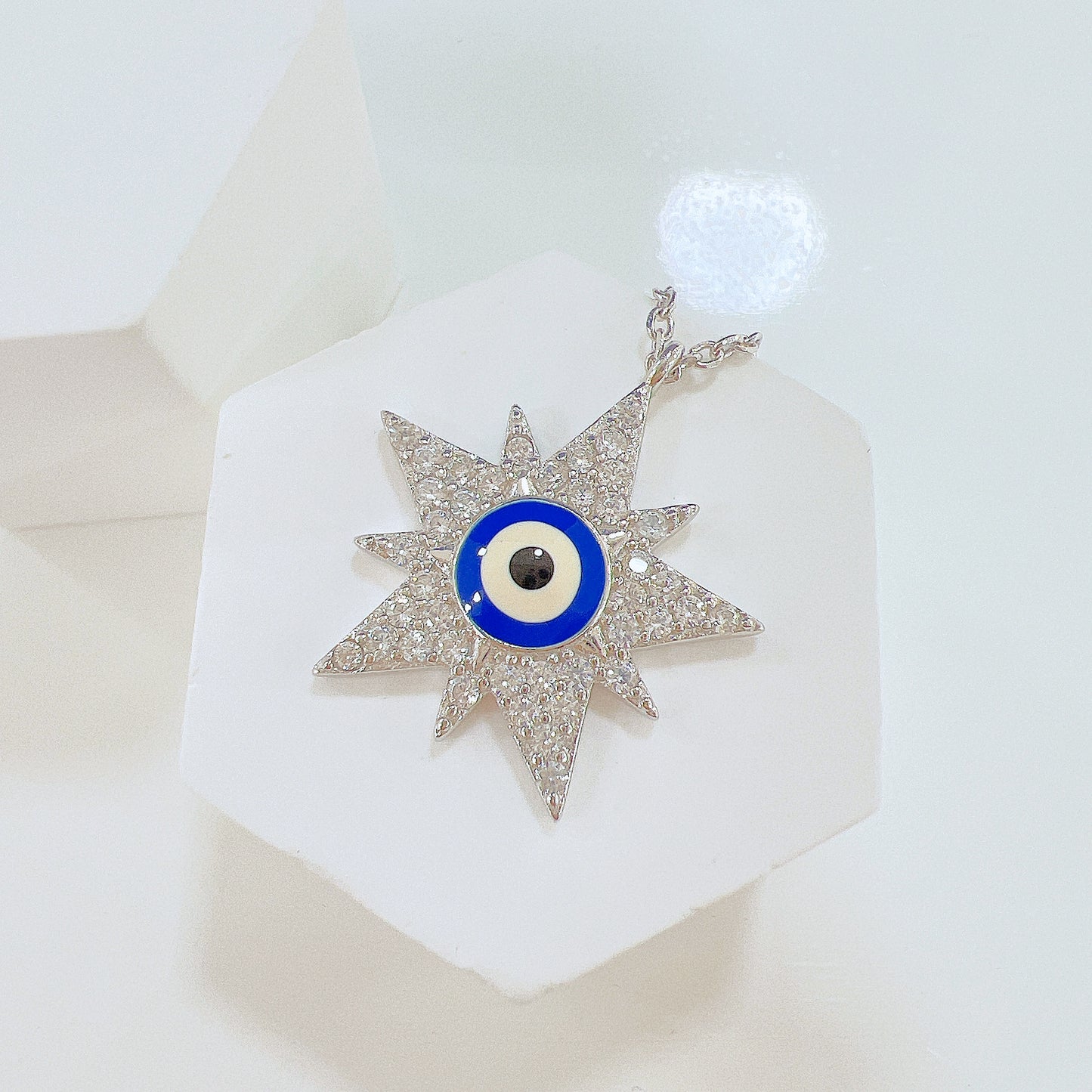 White zircon dark blue enamel star shape evil eye silver 925 necklace