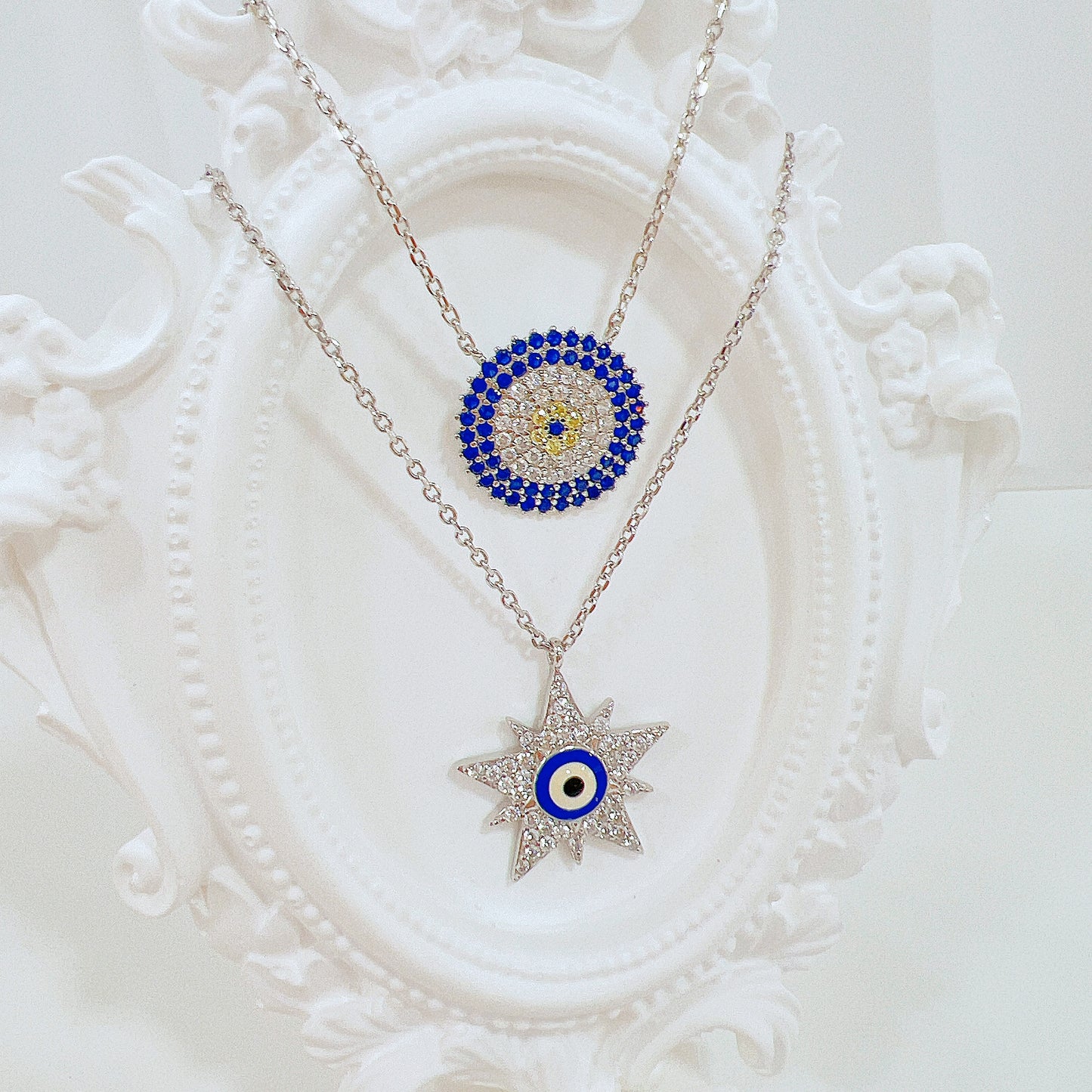 White zircon dark blue enamel star shape evil eye silver 925 necklace