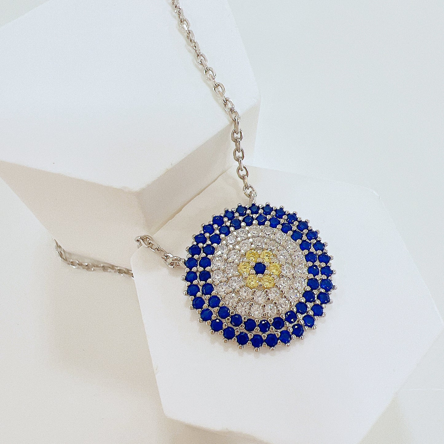 Sapphire yellow and white zircon round shape evil eye silver 925 necklace