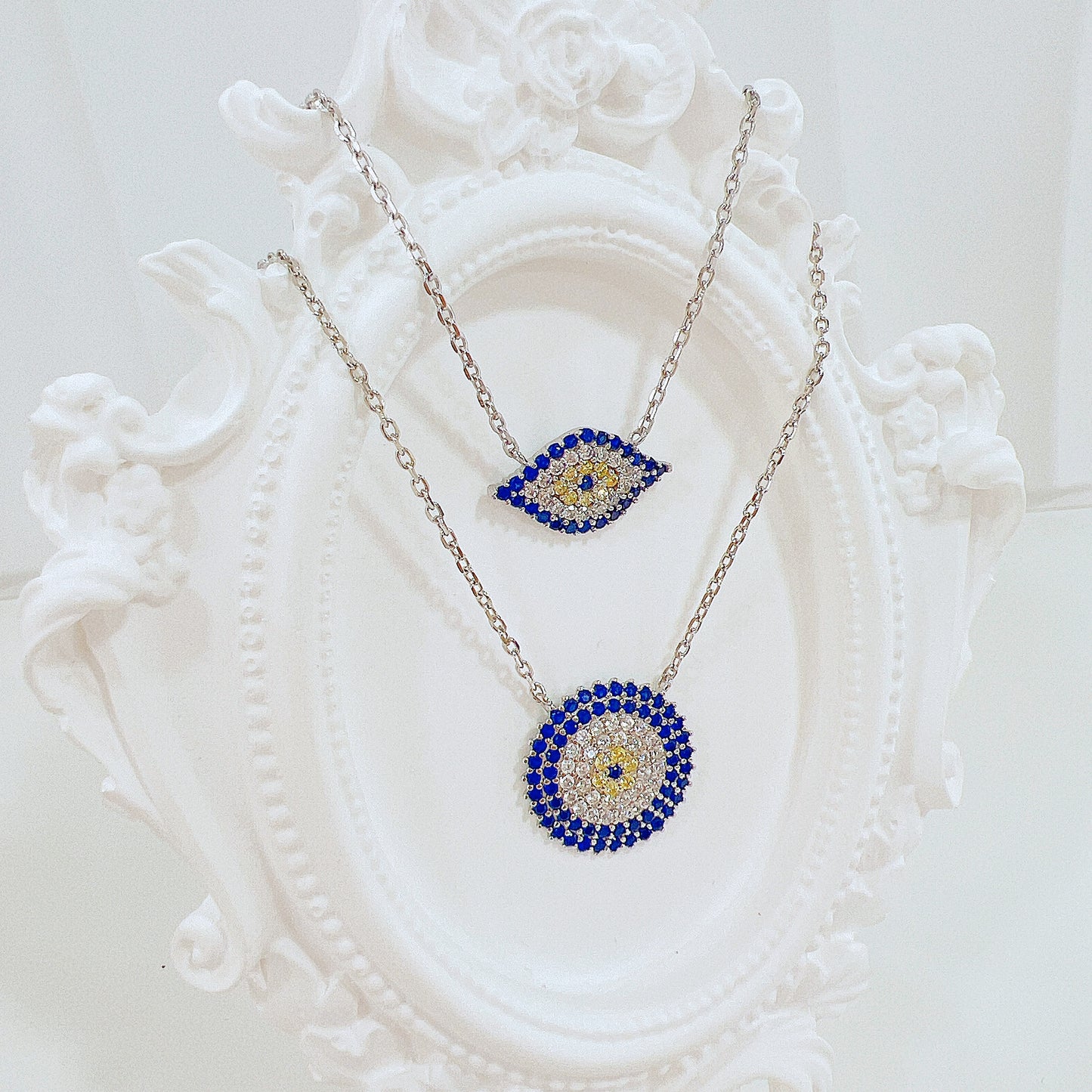 Sapphire yellow and white zircon round shape evil eye silver 925 necklace