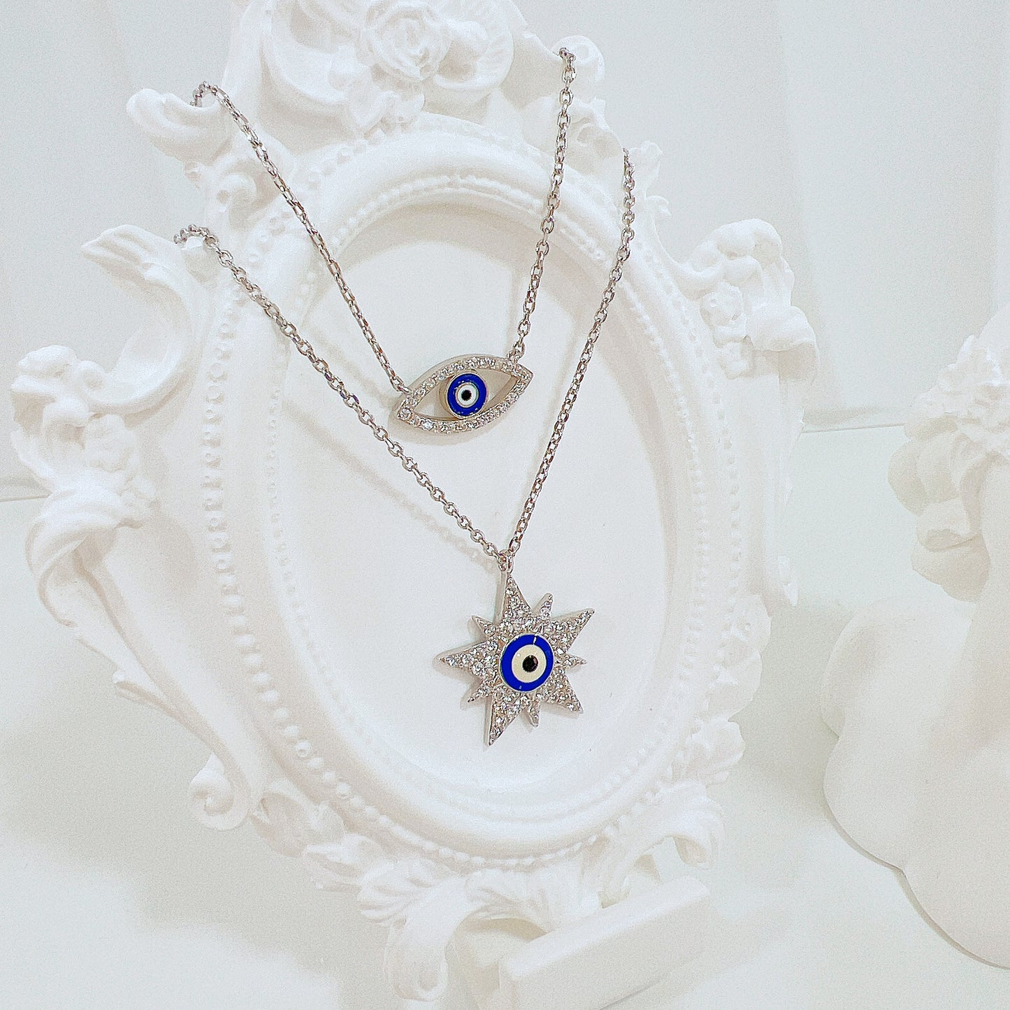 White zircon dark blue enamel star shape evil eye silver 925 necklace