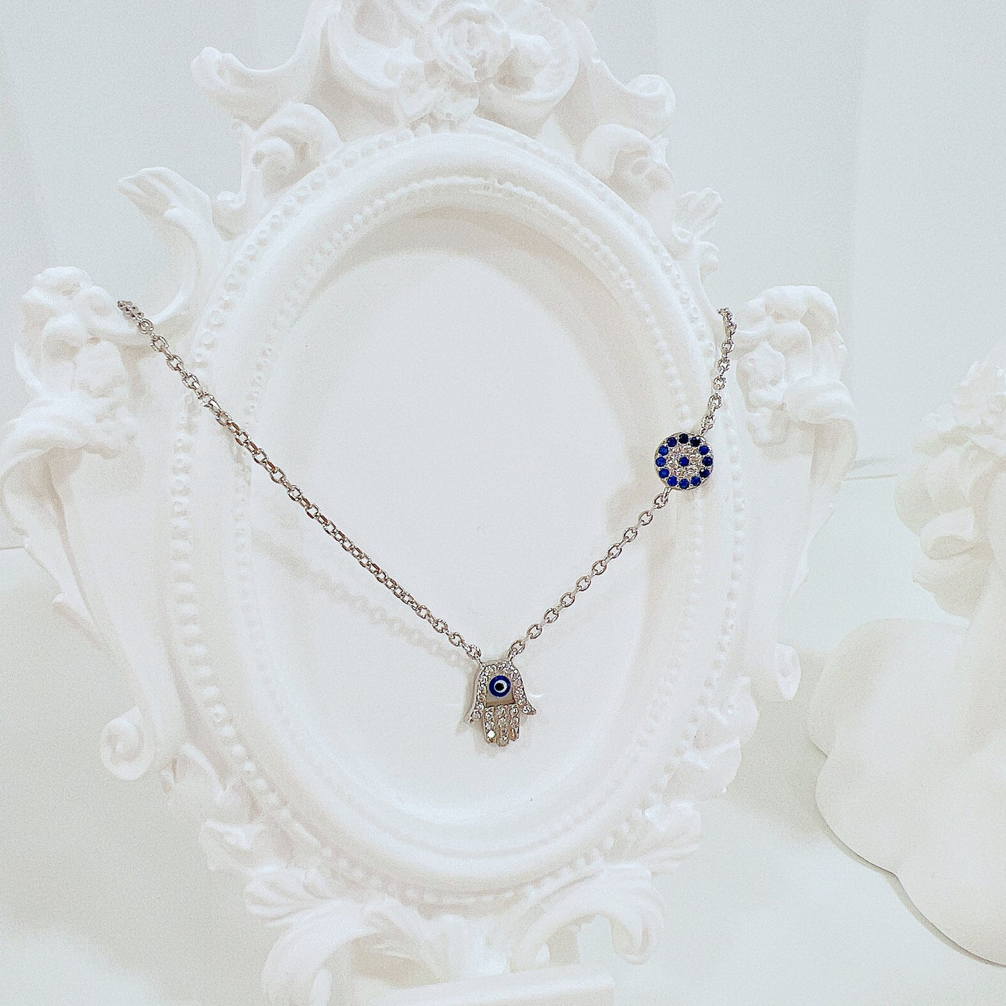 Sapphire and white zircon dark blue enamel hamsa hand with round evil eye silver 925 necklace