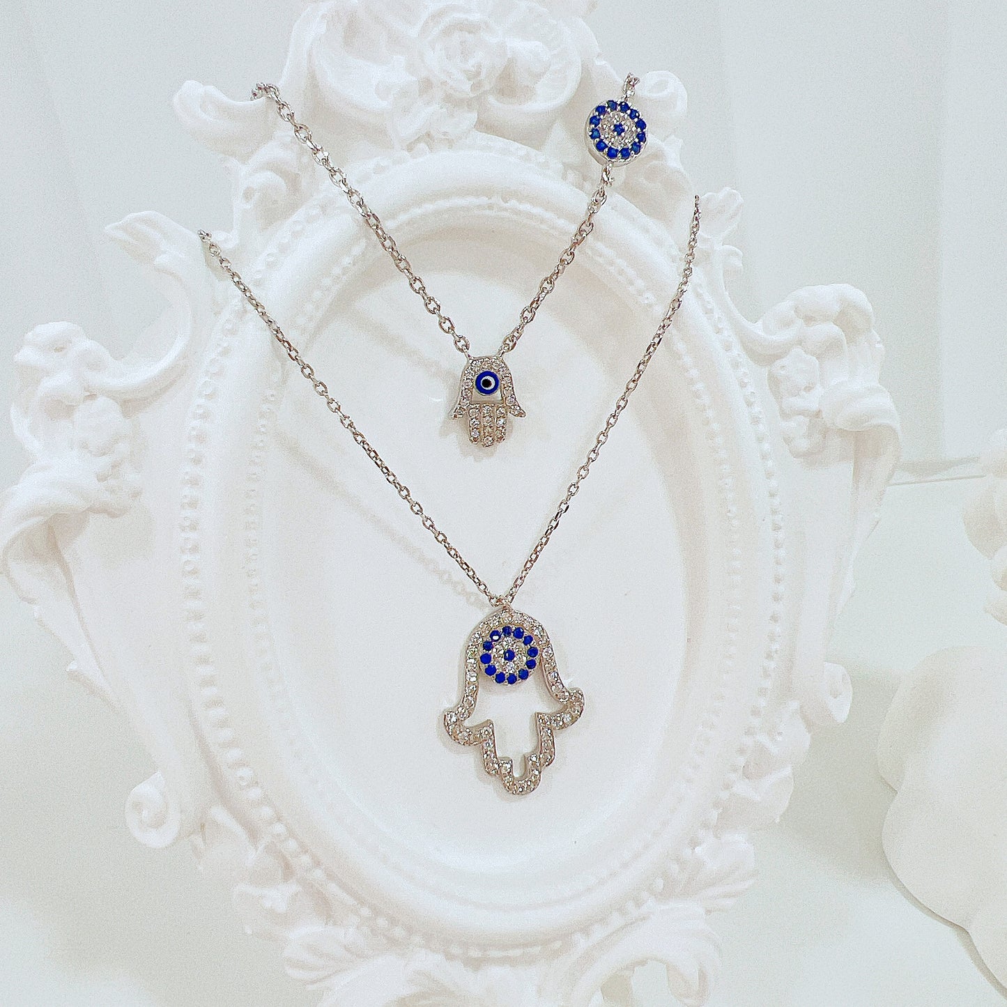 Sapphire and white zircon dark blue enamel hamsa hand with round evil eye silver 925 necklace