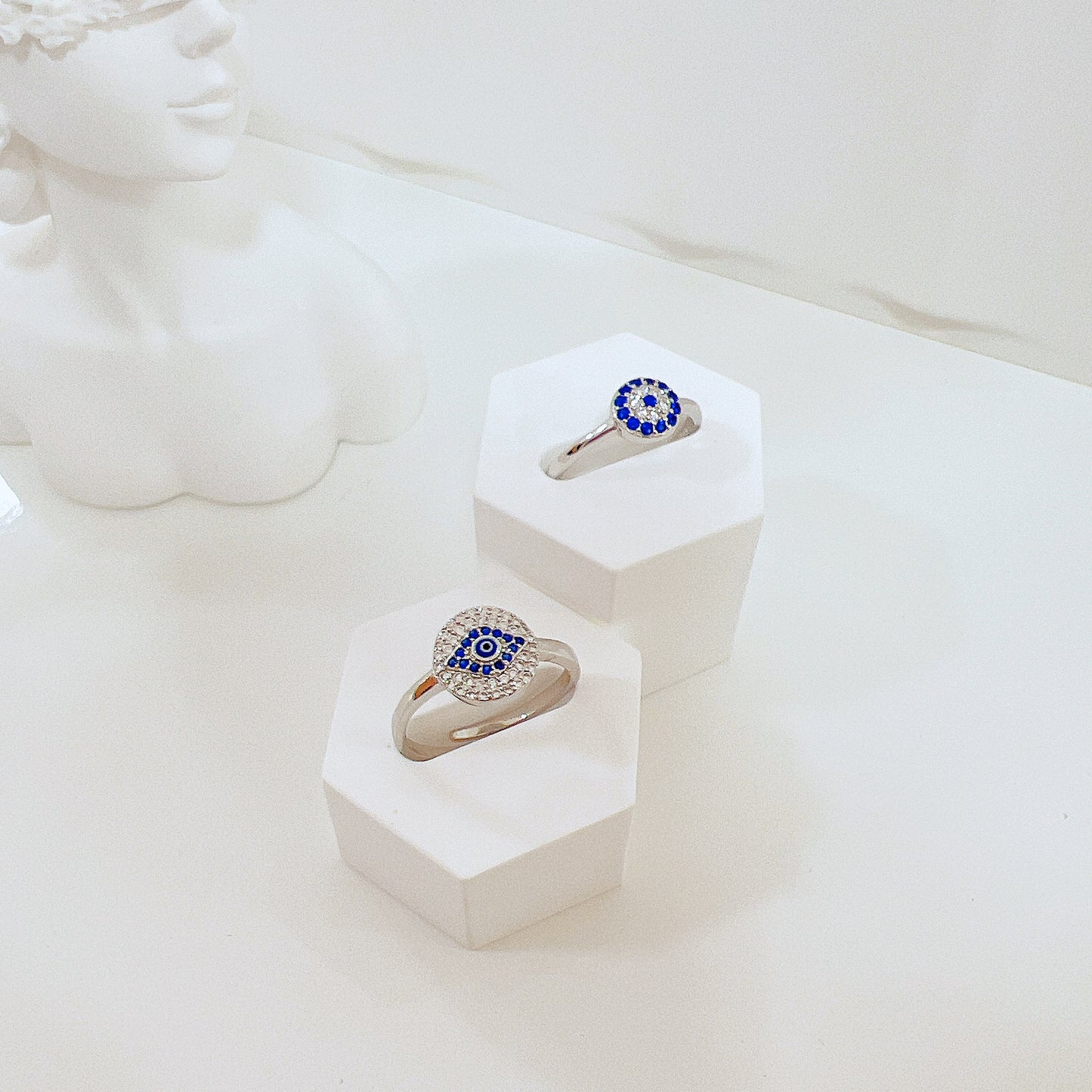 Sapphire and white zircon dark blue enamel round shape evil eye silver 925 ring