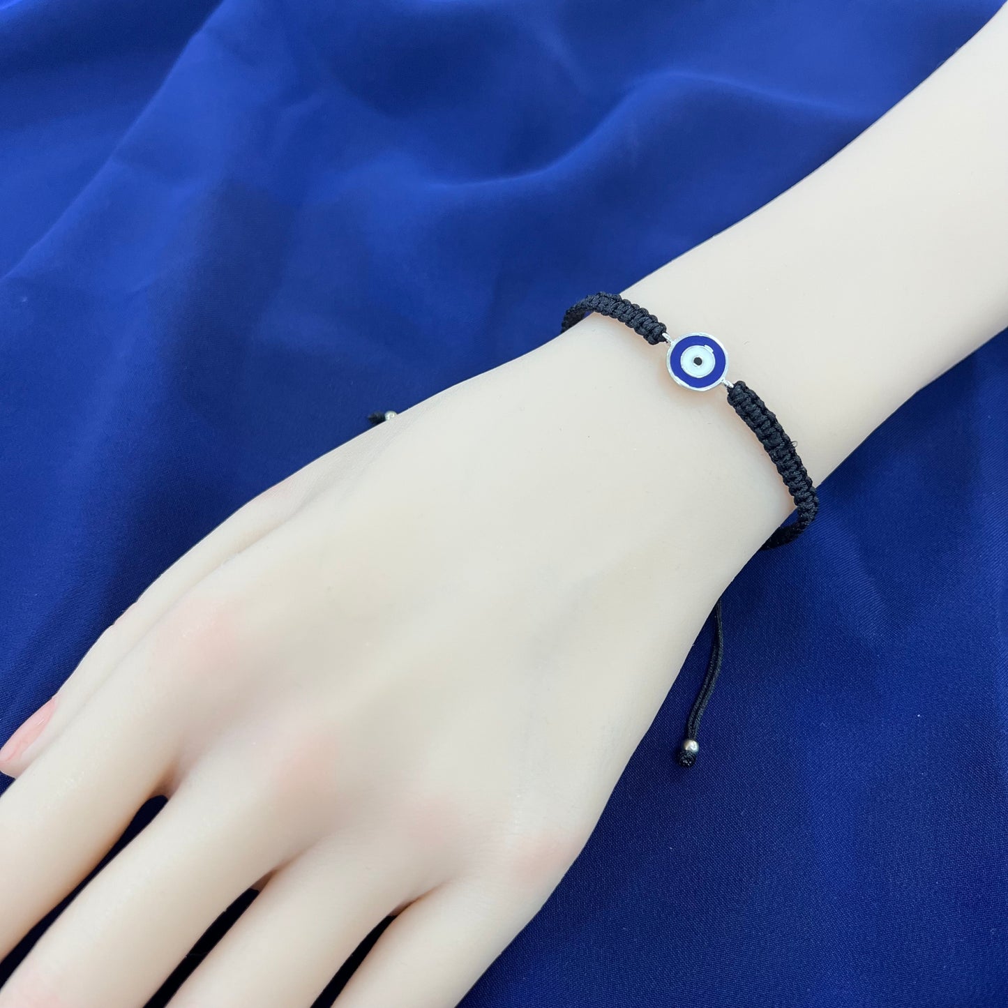 Dark blue enamel plain round shape evil eye silver 925 jewelry macrame bracelet