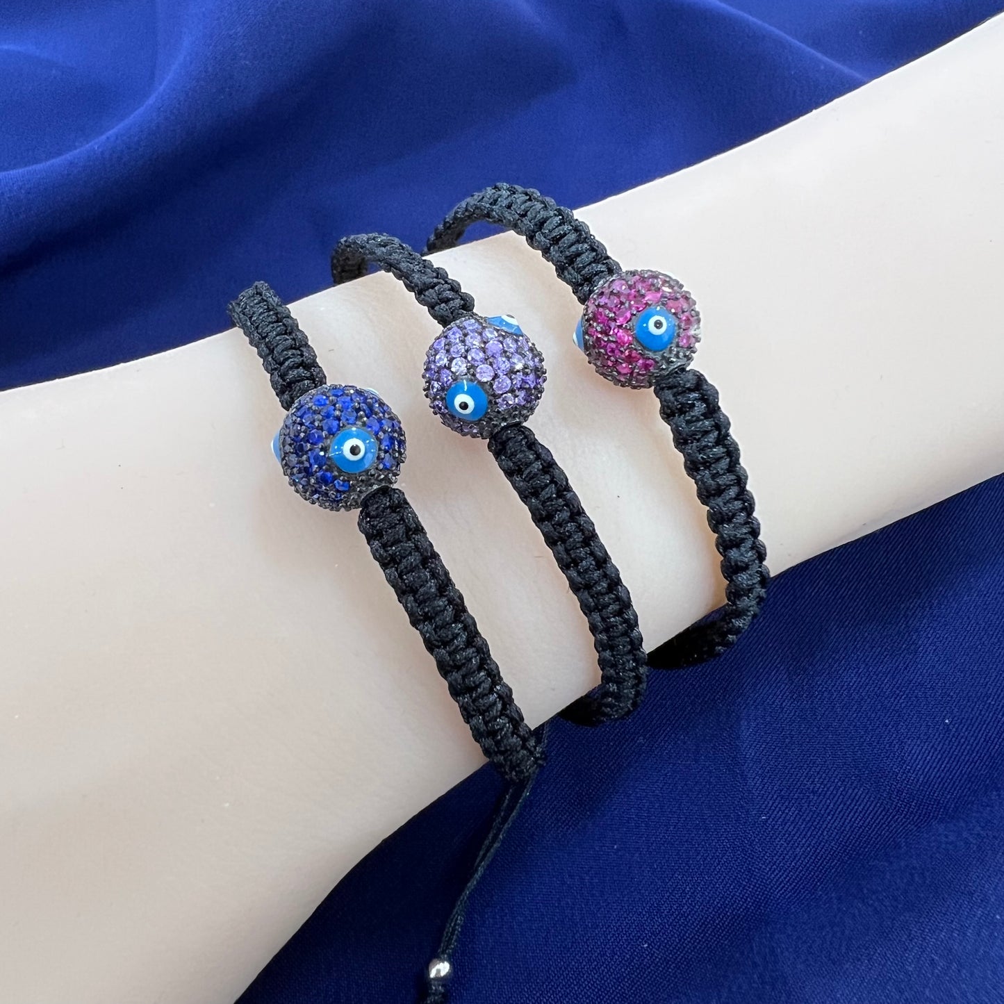 Round shape dark blue enamel eye ball sapphire/purple/ruby zircon silver 925 jewelry macrame bracelet