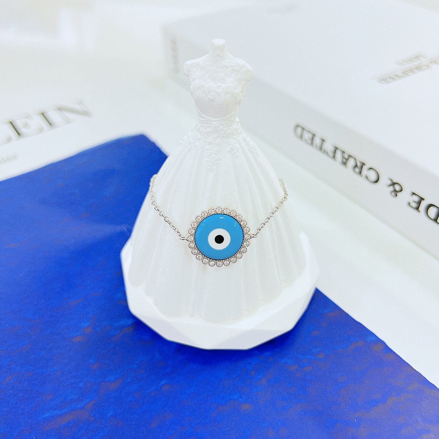 Turquoise eye white zircon round shaped evil eye silver 925 jewelry bracelet